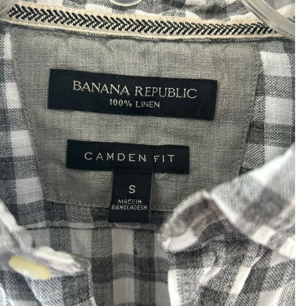 Banana Republic Camden Grey White Gingham Plaid Linen Long Sleeve Shirt